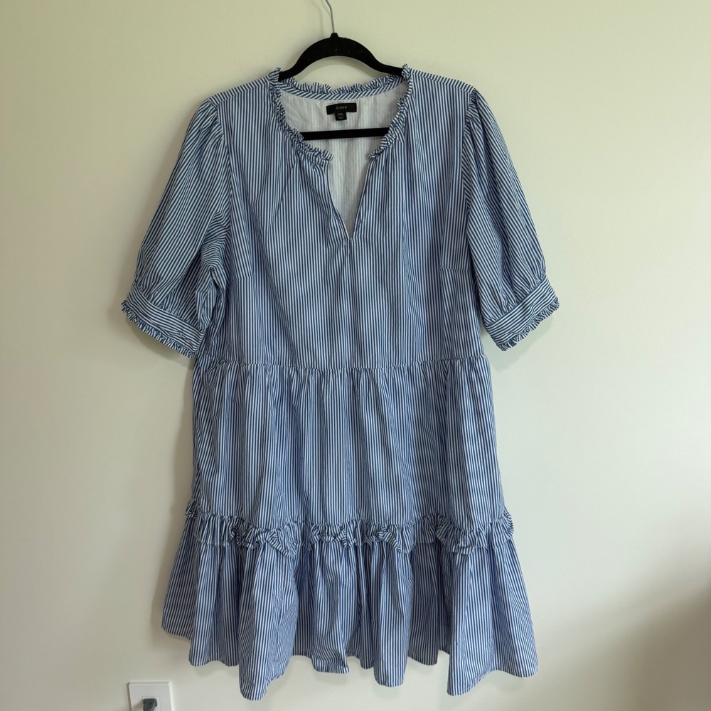 J.Crew Blue White Striped Ruffle Tiered Cotton Mini Dress XXL